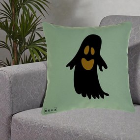 Perna Decorativa Halloween Fantoma Neagra cu Ochi Portocalii, 40x40 cm, Verde, Husa Detasabila, Perna Inclusa, BEKZ®