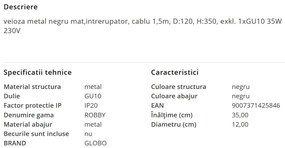 Veioza minimalista cu spot directionabil ROBBY neagra