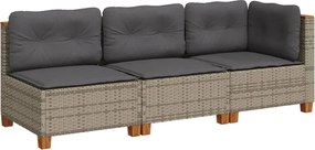 vidaXL Canapea de grădină cu perne, cu 3 locuri, gri, poliratan