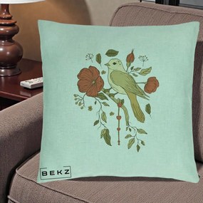 Perna Decorativa Pasare pe Ramura cu Maci, 40x40 cm, Verde Menta, Husa Detasabila, Perna Inclusa, BEKZ®