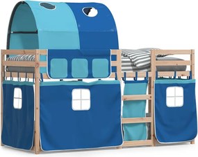 vidaXL Pat supraetajat cu perdele, albastru, 80x200 cm, lemn masiv pin