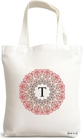 Sacosa de Panza pentru Cumparaturi, Geanta Tote, Cu litera T si Mandala, 38x34.5 cm, Alba, BEKZ®