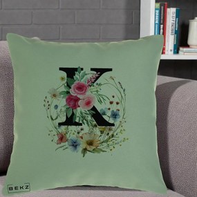 Cadou Personalizat - Perna Personalizata Monogram Litera K cu Flori Acuarela, 40x40 cm, Verde, Husa Detasabila, Perna Inclusa, BEKZ®