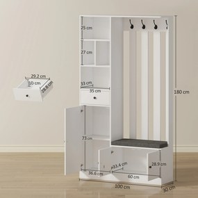 HOMCOM Cuier 180 cm cu Bancă pentru Pantofi, Soluție 4-în-1 cu Raft Reglabil, 4 Agățători și Compartimente Deschise, pentru Hol sau Living, Alb | Aosom Romania