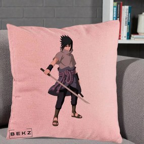 Perna Personalizata Naruto Sasuke Uchiha cu Sabia, 40x40 cm, Roz, Husa Detasabila, Perna Inclusa, BEKZ®