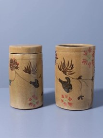 Borcan din ceramică artizanală natur cu capac, motive florale și păsări pictate manual, maro și roșu, 22,5 × 13,5 cm, „Campana"