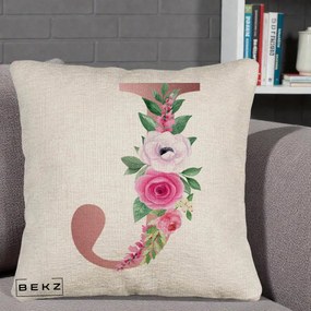 Cadou Personalizat - Perna Personalizata Monograma Rose Gold Litera J, 40x40 cm, Bej Canapea, Husa Detasabila, Perna Inclusa, BEKZ®