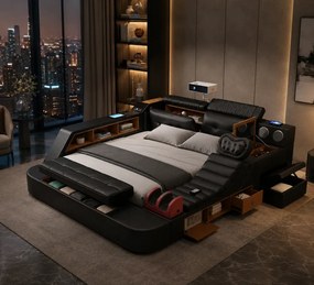 MOBLUX77 Premium 180x200 cm Black Left Chaise – Pat Inteligent Premium cu Proiector, Vibromasaj, Boxe Bluetooth, Încărcare Wireless și Spații Multiple de Depozitare