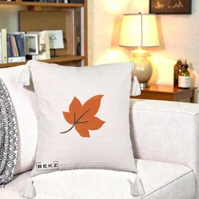 Perna Decorativa Frunza de Toamna Portocalie, 40x40 cm, Bej cu Franjuri, Husa Detasabila, Perna Inclusa, BEKZ®