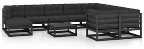 Set mobilier de gradina cu perne11 piese, negru, lemn masiv pin Negru, 1, Da