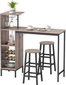 HOMCOM Set masă bar 3 piese cu depozitare, rafturi pentru vin, suporturi pentru pahare, scaune bar cu suport pentru picioare, pentru spații mici, Gri | Aosom Romania