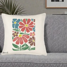 Perna Decorativa Flori Grafice Colorate Retro, 40x40 cm, Crem Reliefat, Husa Detasabila, Perna Inclusa, BEKZ®