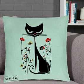 Perna Decorativa Pisica Neagra Grafica Flori Rosii, 40x40 cm, Verde Menta, Husa Detasabila, Perna Inclusa, BEKZ®