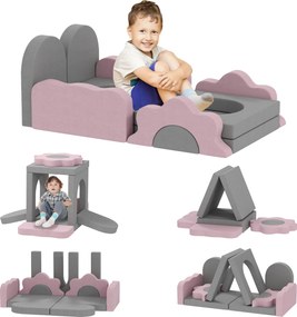 AIYAPLAY Set de 12 blocuri din spumă pentru cățărat, construit, târât, saltele de joacă pentru interior cu husă din catifea côtelată, Gri+Roz | Aosom Romania