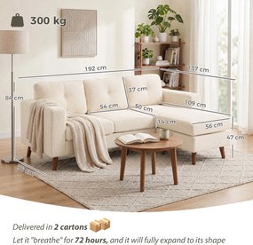 HOMCOM Canapea colțar 192 cm în formă de L, canapea 3 locuri cu chaise-longue reversibilă, aspect cord, pentru spații mici, alb crem | Aosom Romania