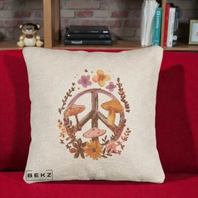Perna Decorativa Peace Sign Ciuperci Floral, 40x40 cm, Bej Canapea, Husa Detasabila, Perna Inclusa, BEKZ®