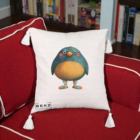 Perna Decorativa Pasare Teal cu Sosete Dunghi, 40x40 cm, Bej cu Franjuri, Husa Detasabila, Perna Inclusa, BEKZ®