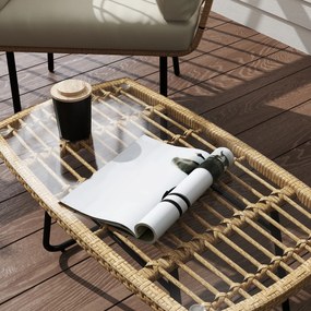 Outsunny Masă polyratan pentru grădină, 90 x 50 x 45 cm, rezistentă la UV, măsuță laterală cu blat de sticlă Lemn natural | Aosom Romania