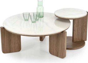 Set 2 masute cafea DIUNA, alb cu efect de marmura/nuc