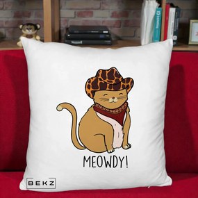Perna Decorativa Pisica Cowboy Meowdy, 40x40 cm, Alb Pufos, Husa Detasabila, Perna Inclusa, BEKZ®