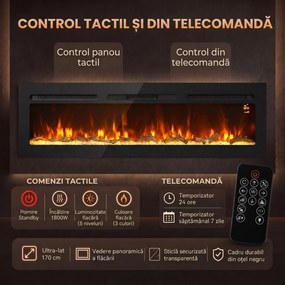 HOMCOM Șemineu electric de 170 cm, încastrabil sau de perete, 1500 W, timer 24 ore, flacără reglabilă, cristale | Aosom Romania