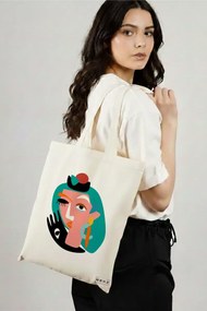 Sacosa de Panza pentru Cumparaturi, Geanta Tote, model Abstract face, 38x34.5 cm, Alba, BEKZ®