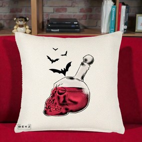Perna Decorativa Halloween Craniu-Sticla cu Lilieci, 40x40 cm, Crem Reliefat, Husa Detasabila, Perna Inclusa, BEKZ®