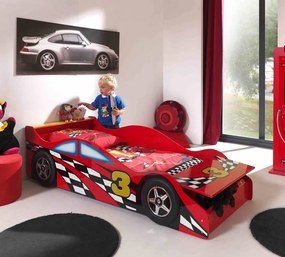 Pat Junior Mașină de Curse Auto, 70x140 cm, Roșu (MDF), cu Saltea Inclusă – Vipack