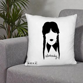 Perna Personalizata Wednesday Addams Silueta Alb-Negru, 40x40 cm, Alb Pufos, Husa Detasabila, Perna Inclusa, BEKZ®