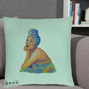 Perna Decorativa Portret Femeie Contemplativa, 40x40 cm, Verde Menta, Husa Detasabila, Perna Inclusa, BEKZ®