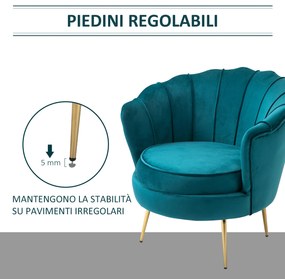 Fotoliu design vintage din Catifea HOMCOM, Fotoliu mic retro de sufragerie, salon si birou, Albastru petrol,179x77x77cm | Aosom Romania