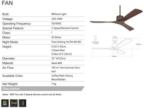 Ventilator de tavan cu telecomanda Shyam maro/lemn cires