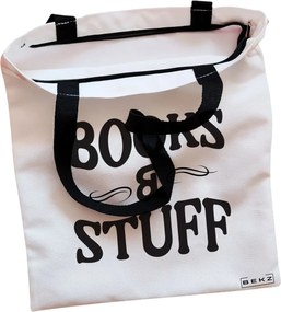 Sacosa de Panza pentru Cumparaturi, Geanta Tote, model Books and Stuff, Cu fermoar, 38x34.5 cm, Alba, BEKZ®