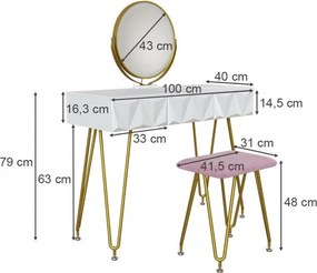 Masuta machiaj cu Oglinda LED si 3 Sertare pentru Cosmetice, Set Masa toaleta 100 cm, Alb, masuta cosmetica, vanity - SEA366