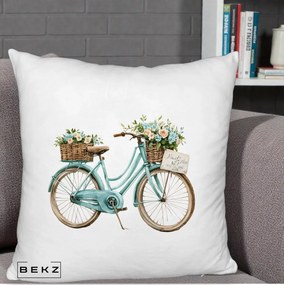 Perna Decorativa Bicicleta Teal cu Cosuri Duble de Flori Vintage, 40x40 cm, Alb Pufos, Husa Detasabila, Perna Inclusa, BEKZ®
