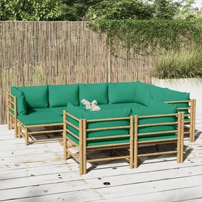 Set mobilier de gradina cu perne verzi, 10 piese, bambus