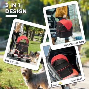 PawHut Cărucior pentru Câini Pliabil și Convertibil în Geantă de Transport cu 2 Lese și Pernă, 82x49.5x98 cm, Roșu | Aosom Romania