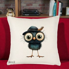 Perna Decorativa Pui Misterios cu Palarie Neagra, 40x40 cm, Crem Reliefat, Husa Detasabila, Perna Inclusa, BEKZ®