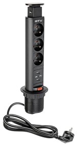 Priza turn incastrabila in blat, 3 prize schuko 2 USB 5V 2.1A, cablu 1.5m, neagra, GTV