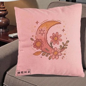 Perna Decorativa Luna Florala Boho, 40x40 cm, Roz, Husa Detasabila, Perna Inclusa, BEKZ®