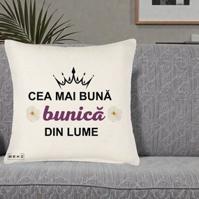 Cadou pentru Bunica - Perna Personalizata Cea Mai Buna Bunica Din Lume Coroana Mov Flori, 40x40 cm, Crem Reliefat, Husa Detasabila, Perna Inclusa, BEKZ®