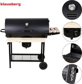 Gratar pe carbuni Klausberg KB 9033, Capac cu inchidere, Termometru, Suporturi laterale, Sertar pentru cenusa, Roti, Otel, Negru