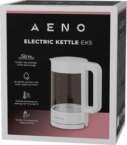 Cana electrica AENO AEK0005, 2200 W, 1,7 l, 40-100 °C, Baza rotativa la 360°, STRIX, Afisaj LED, Filtru, Alb