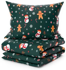 Set 2 buc lenjerie cocolino SNOWMAN AND GINGERBREAD verde + cearsaf Cocolino microplus cu elastic SOFT 180x200 cm alb, pat dublu
