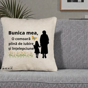 Cadou pentru Bunica - Perna Personalizata Bunica Mea Comoara Iubire Intelepciune Varianta Extinsa, 40x40 cm, Bej Canapea, Husa Detasabila, Perna Inclusa, BEKZ®