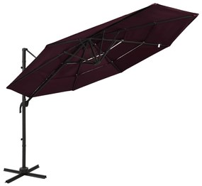 Umbrela de soare 4 niveluri, stalp aluminiu, rosu bordo, 3x3 m Rosu bordo