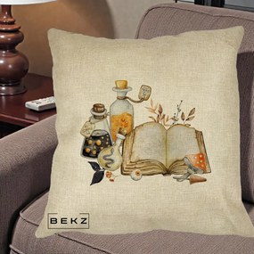 Perna Decorativa Grimoire Vrajitoare si Filtre Magice Halloween, 40x40 cm, Crem, Husa Detasabila, Perna Inclusa, BEKZ®