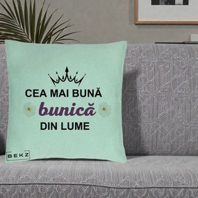 Cadou pentru Bunica - Perna Personalizata Cea Mai Buna Bunica Din Lume Coroana Mov Flori, 40x40 cm, Verde Menta, Husa Detasabila, Perna Inclusa, BEKZ®