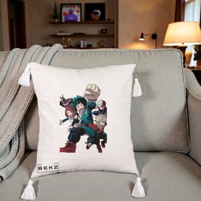 Perna Personalizata My Hero Academia Izuku Deku si Echipa, 40x40 cm, Bej cu Franjuri, Husa Detasabila, Perna Inclusa, BEKZ®