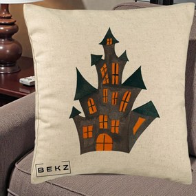 Perna Decorativa Halloween Casa Bantuita Minimalista, 40x40 cm, Bej, Husa Detasabila, Perna Inclusa, BEKZ®